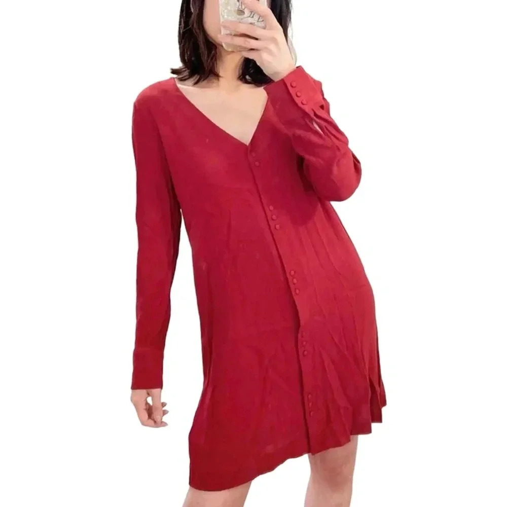 Madewell Maroon Heather Long-Sleeve Button-Front Dress V-Necklin Size Medium